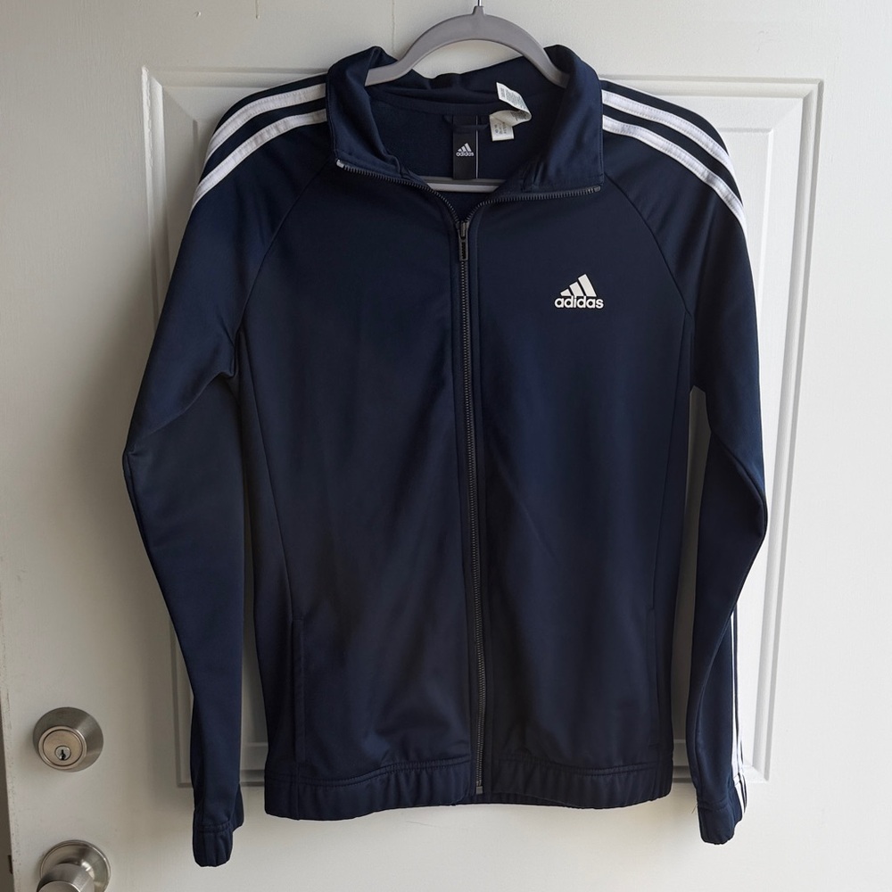 Adidas Dark Blue Zip-Up Jacket with White Stripes